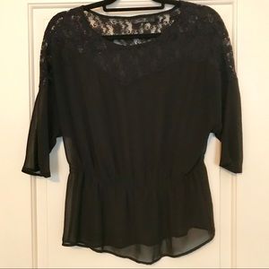 Black Lace and Chiffon 3/4 Sleeve Peplum Blouse